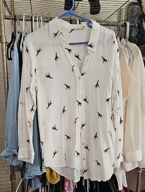 Cream Button-Up Blouse with Brown Giraffe Print
